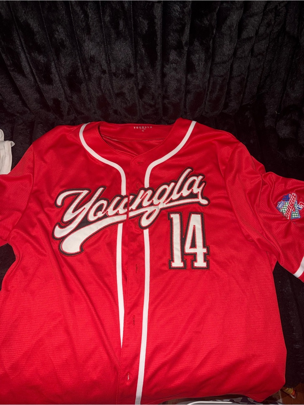 YoungLA Red Baseball-Style Mens Jersey with White Trim and Number 14